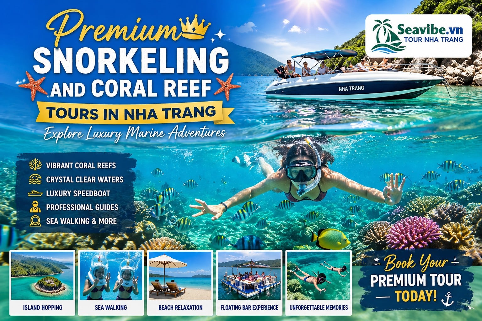 Explore Premium snorkeling and coral reef tours in Nha Trang featuring crystal waters, colorful coral reefs, private island escapes, and luxury marine adventures.
