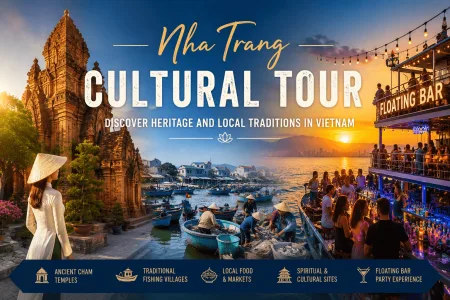 Nha Trang cultural tour featuring Po Nagar Cham Towers, local fishing villages, and a floating bar party at sunset in Vietnam.